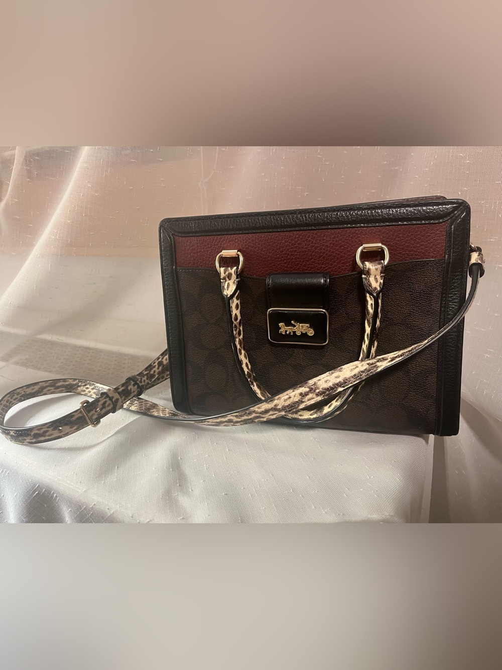 Coach Brown and Maroon Signature Satchel with Leopard-Print Strap